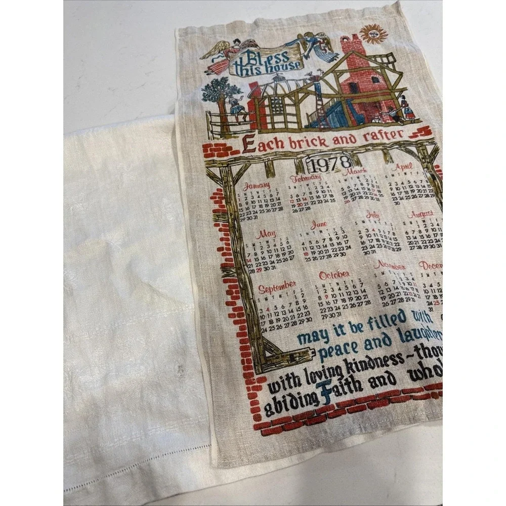 VTG Linen‎ Tea Towels Calendar 1978 Folk Art & 1 Solid Cream Brocade Floral